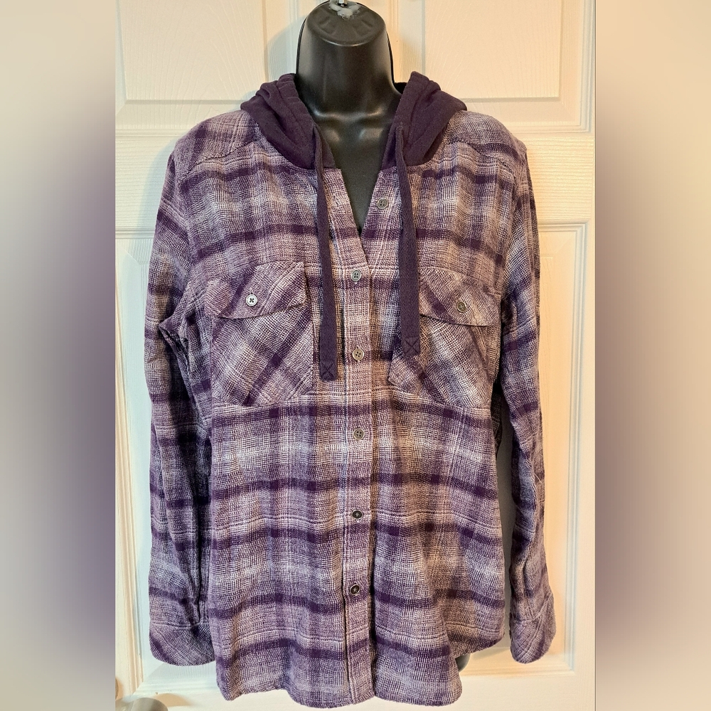 Columbia Purple Plaid Button Down Hooded Shirt